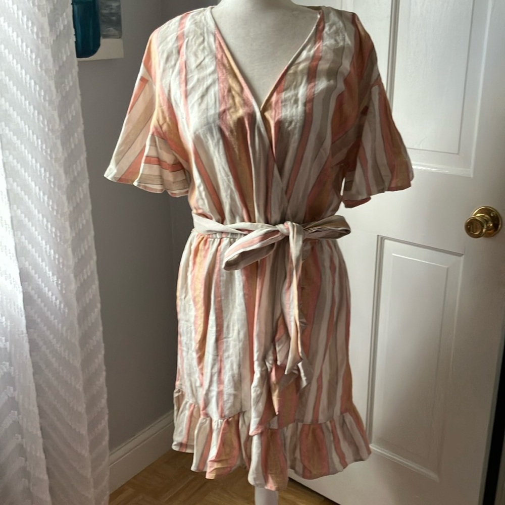 Linen blend peach striped wrap belted flounce cottagecore dress L NWT